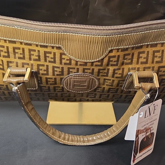 Fendi 1990s Zucca Coated Canvas Boston Bag w/textured leather- rare collectable